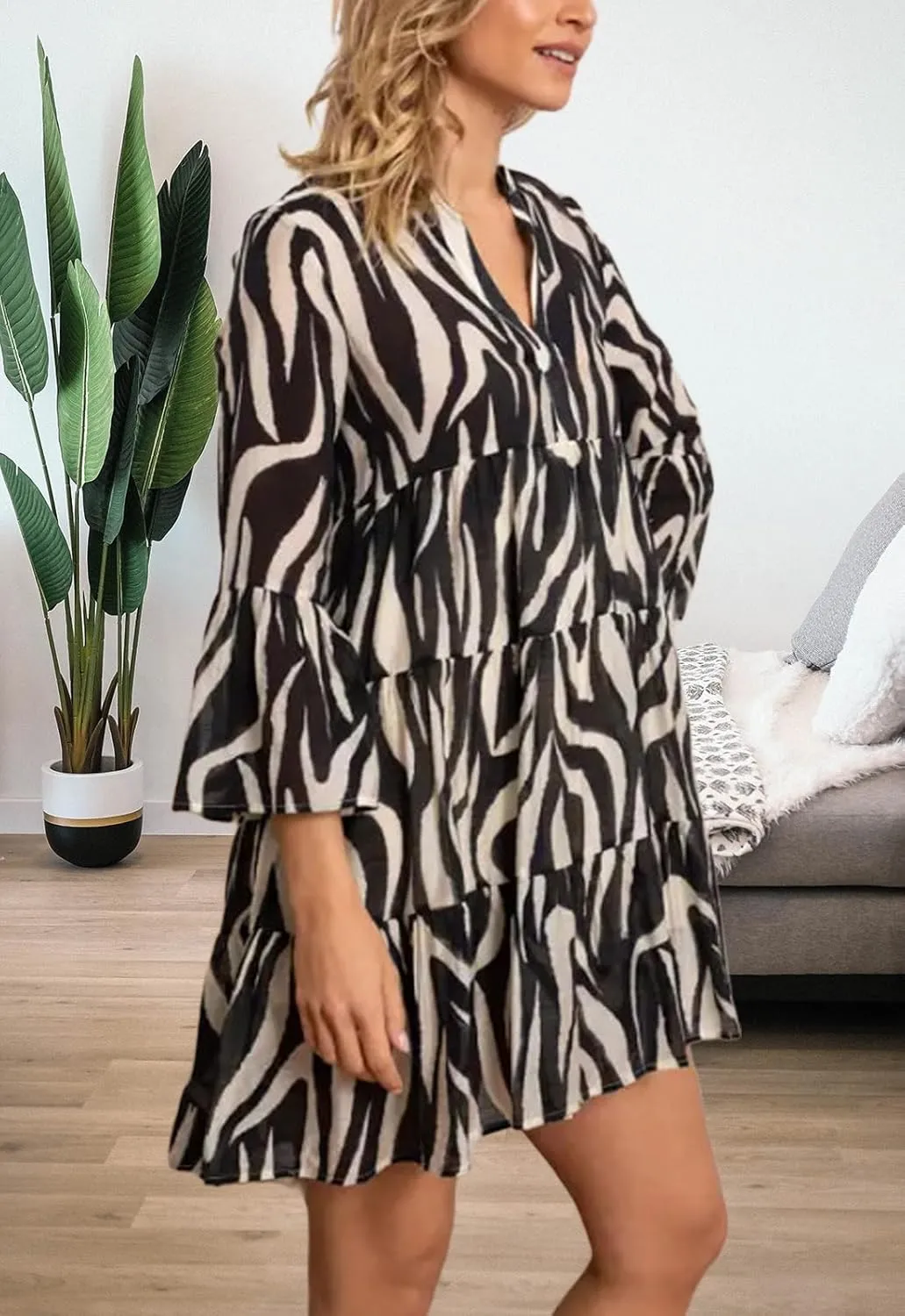 YouSexy Women's Summer 3/4 Sleeve Casual Dress V Neck Ruffle Loose Print Swing Mini Dresses