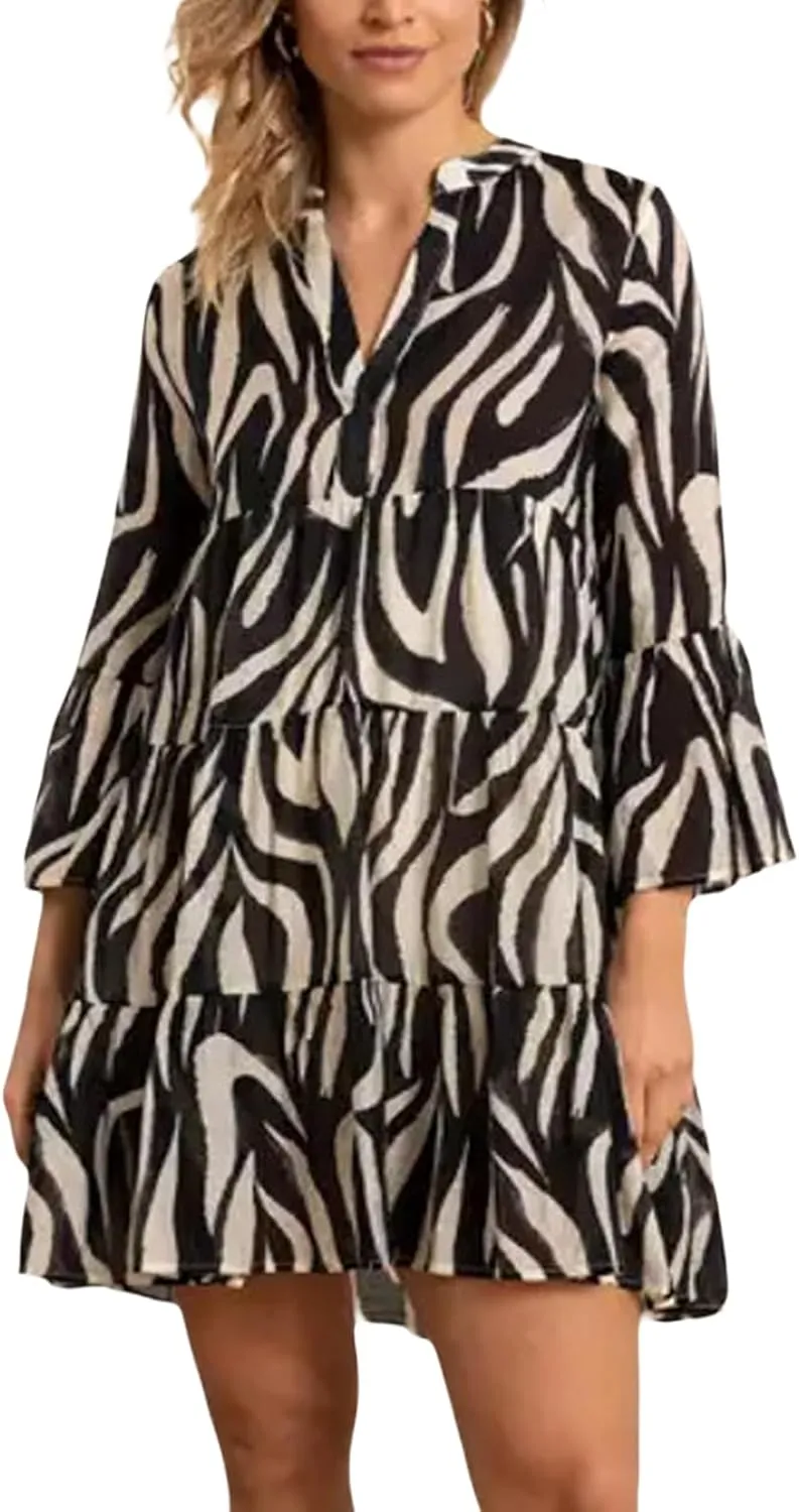 YouSexy Women's Summer 3/4 Sleeve Casual Dress V Neck Ruffle Loose Print Swing Mini Dresses