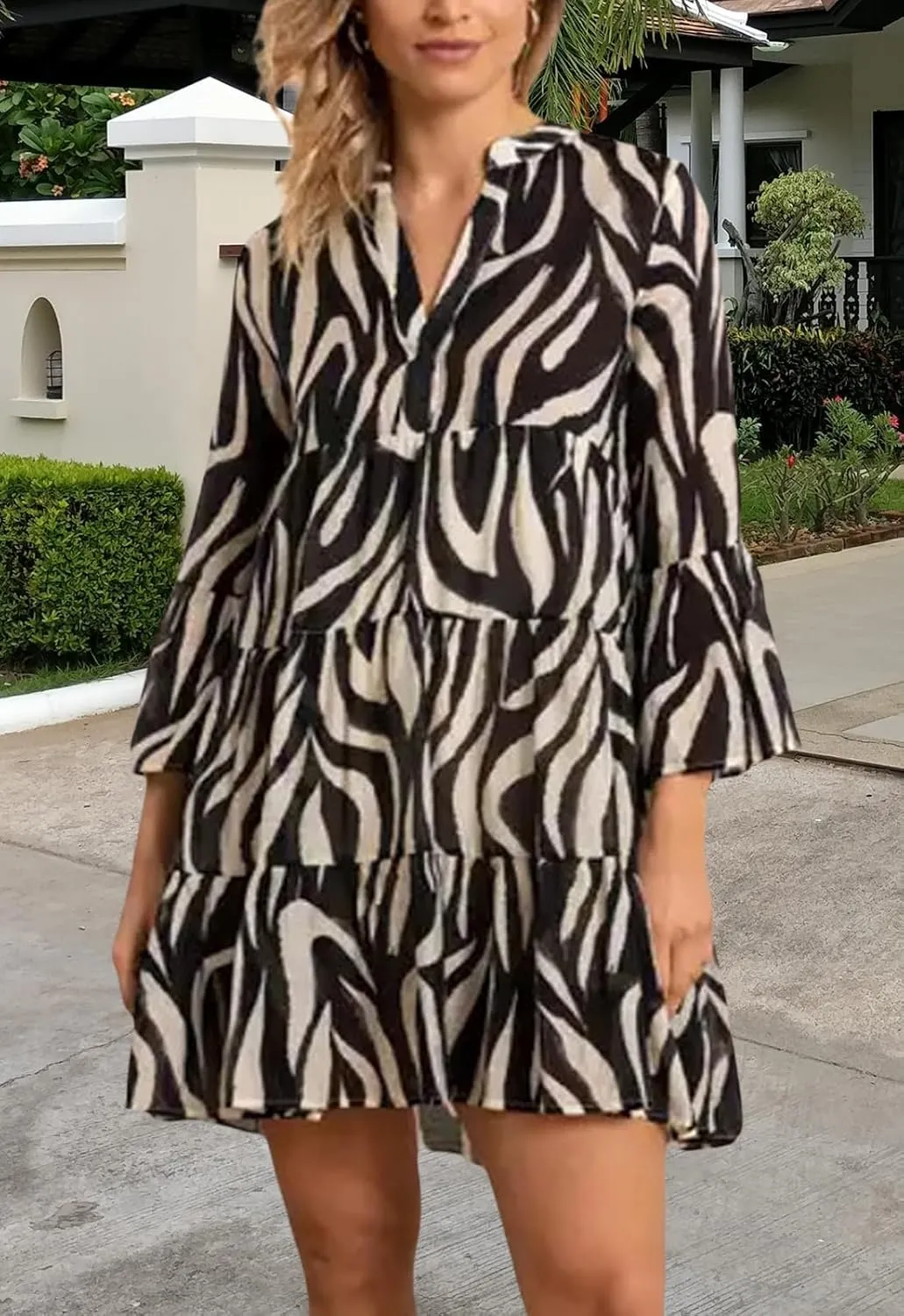 YouSexy Women's Summer 3/4 Sleeve Casual Dress V Neck Ruffle Loose Print Swing Mini Dresses