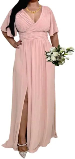 YRGERATON Flutter Sleeves Wedding Bridesmaid Dresses with Slit Chiffon Formal Evening Prom Party Gown for Juniors J184
