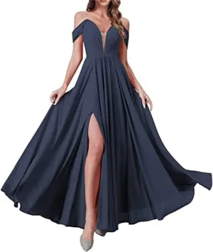 YRGERATON Off The Shoulder Wedding Bridesmaid Dresses Chiffon Formal Evening Prom Gown with Slit Pockets