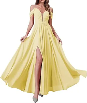 YRGERATON Off The Shoulder Wedding Bridesmaid Dresses Chiffon Formal Evening Prom Gown with Slit Pockets