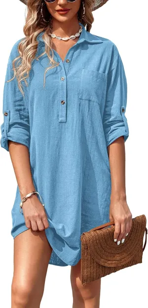 Zeagoo Women Summer Dress 2025 3/4 Sleeve Cotton Linen Button Down V-Neck Shirt Dresses Casual Loose Aline Dress