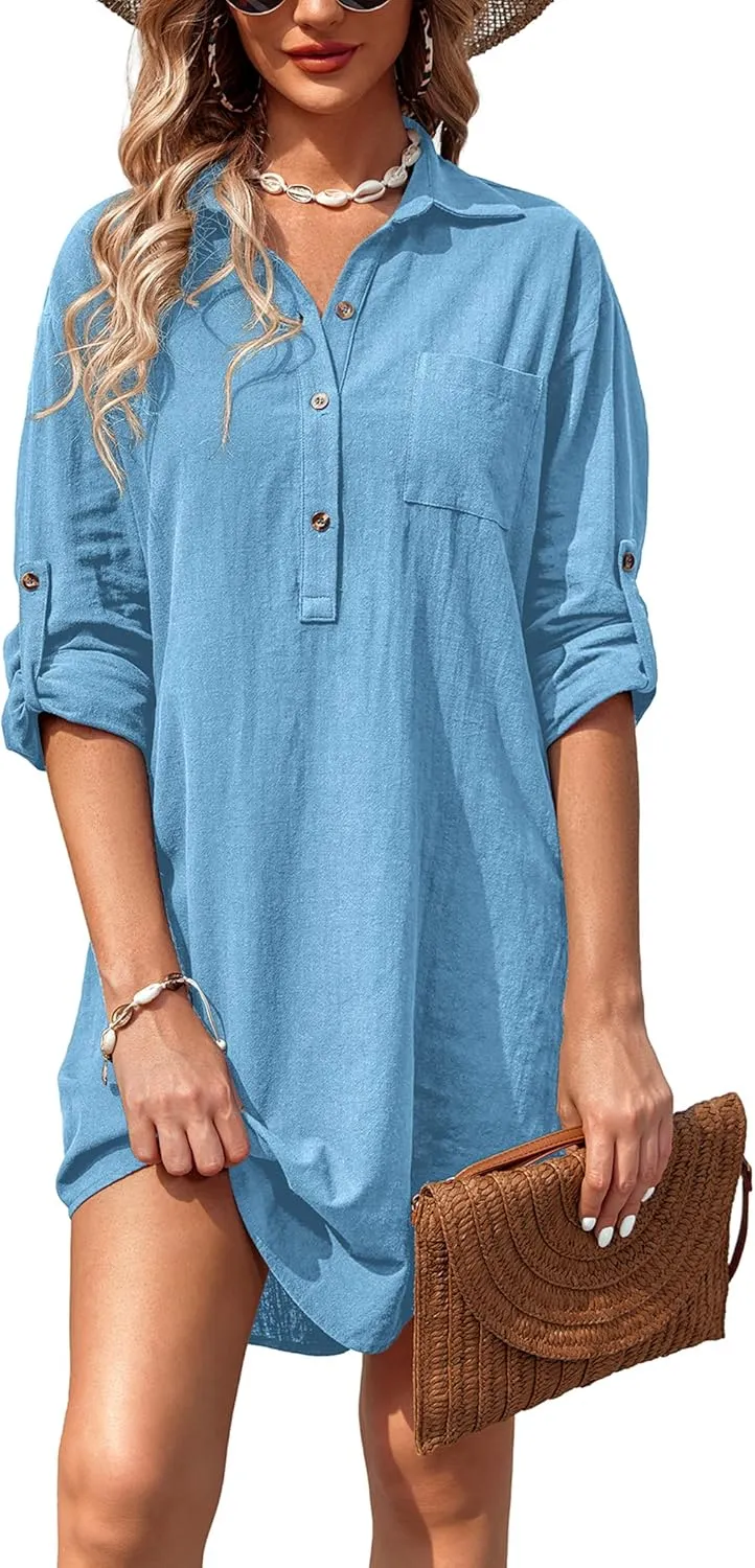 Zeagoo Women Summer Dress 2025 3/4 Sleeve Cotton Linen Button Down V-Neck Shirt Dresses Casual Loose Aline Dress