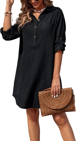 Zeagoo Women Summer Dress 2025 3/4 Sleeve Cotton Linen Button Down V-Neck Shirt Dresses Casual Loose Aline Dress