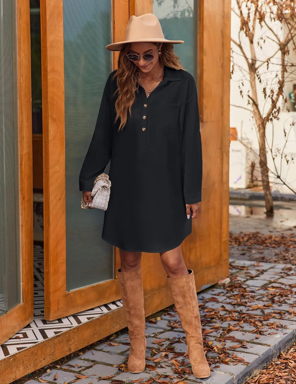 Zeagoo Women Summer Dress 2025 3/4 Sleeve Cotton Linen Button Down V-Neck Shirt Dresses Casual Loose Aline Dress