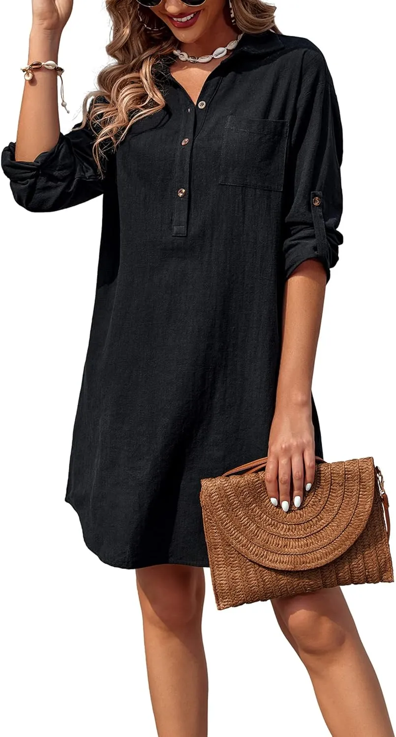 Zeagoo Women Summer Dress 2025 3/4 Sleeve Cotton Linen Button Down V-Neck Shirt Dresses Casual Loose Aline Dress