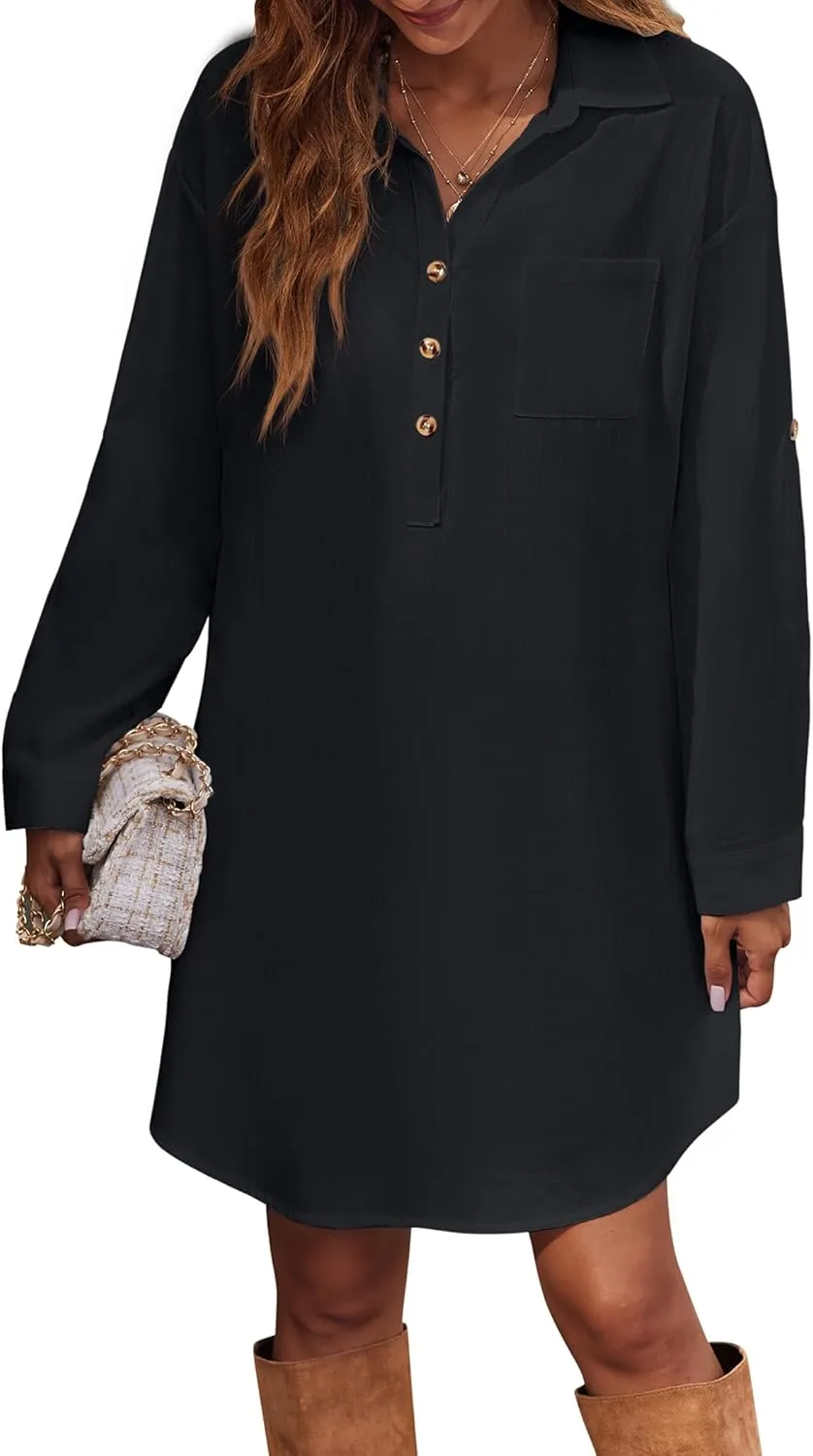 Zeagoo Women Summer Dress 2025 3/4 Sleeve Cotton Linen Button Down V-Neck Shirt Dresses Casual Loose Aline Dress