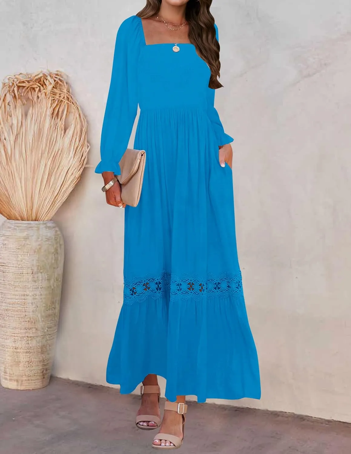 ZESICA Women's 2025 Boho Long Sleeve Square Neck Smocked High Waist Flowy A Line Lace Trim Maxi Dress