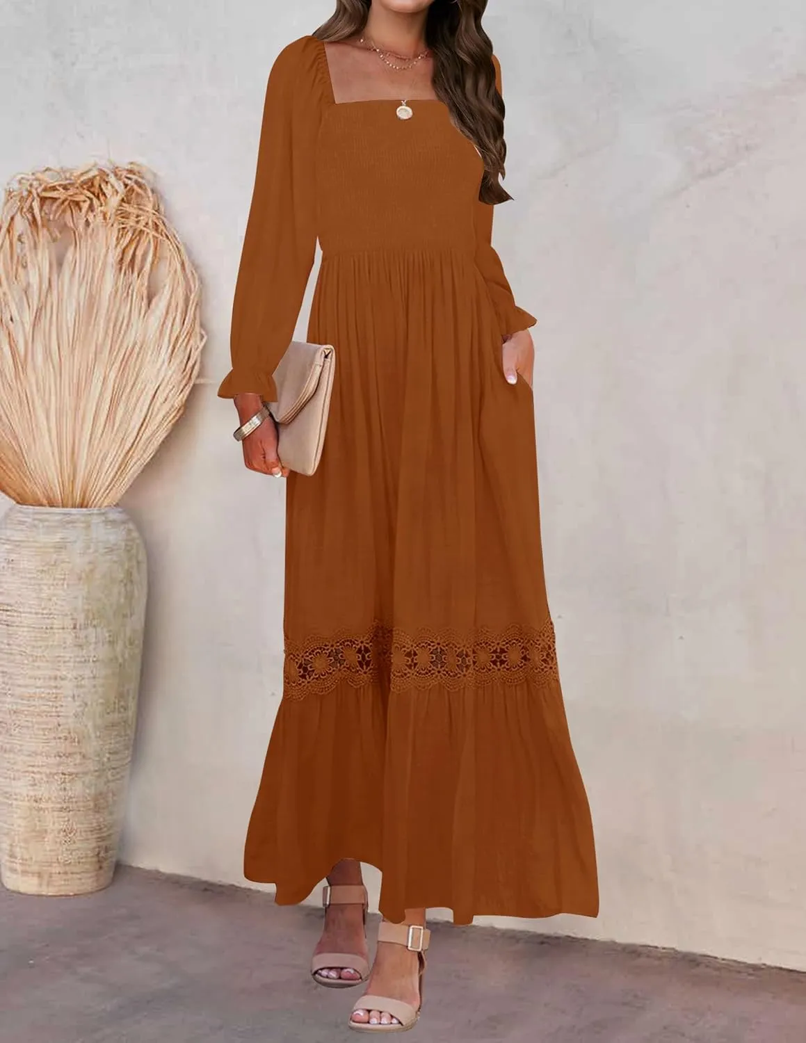 ZESICA Women's 2025 Boho Long Sleeve Square Neck Smocked High Waist Flowy A Line Lace Trim Maxi Dress