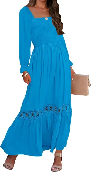 ZESICA Women's 2025 Boho Long Sleeve Square Neck Smocked High Waist Flowy A Line Lace Trim Maxi Dress