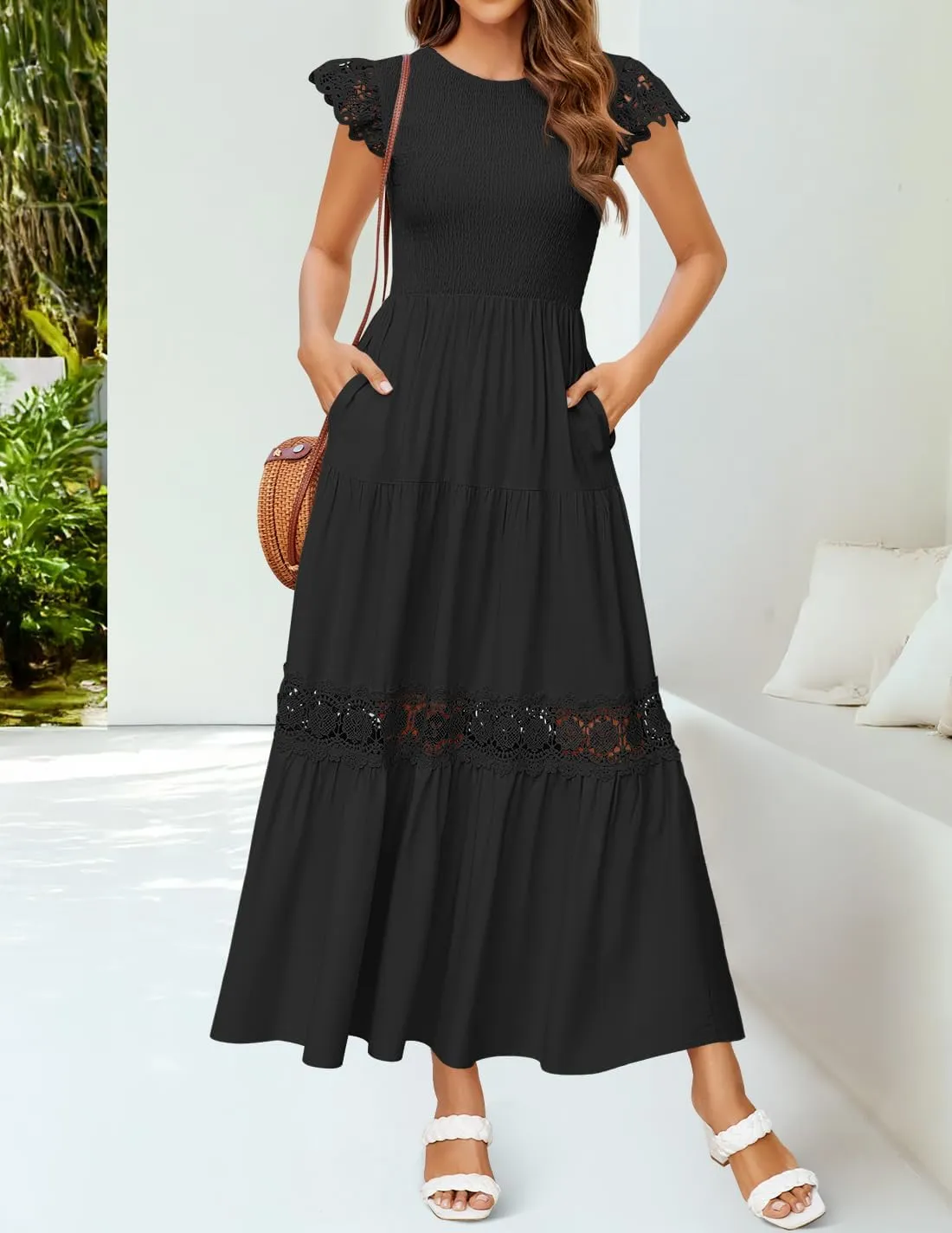 ZESICA Women's Casual Crew Neck Flutter Sleeve Smocked High Waist Hollow Out Lace Trim Tiered A Line Midi Dress