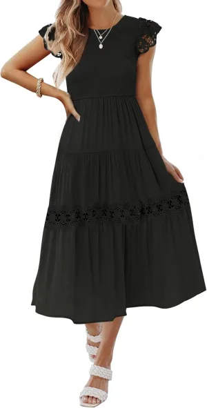 ZESICA Women's Casual Crew Neck Flutter Sleeve Smocked High Waist Hollow Out Lace Trim Tiered A Line Midi Dress