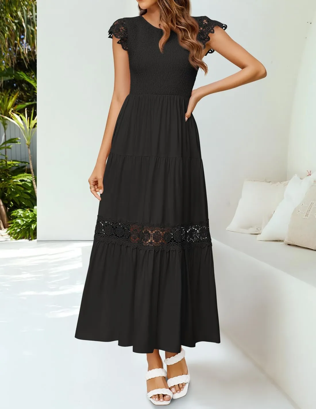 ZESICA Women's Casual Crew Neck Flutter Sleeve Smocked High Waist Hollow Out Lace Trim Tiered A Line Midi Dress