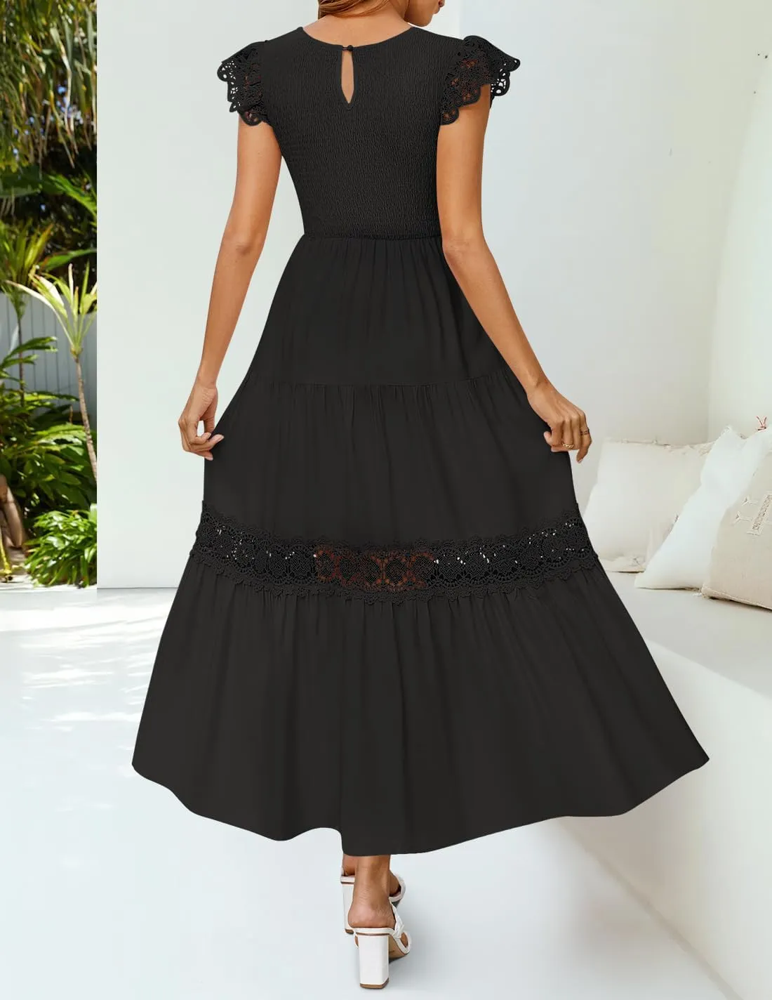 ZESICA Women's Casual Crew Neck Flutter Sleeve Smocked High Waist Hollow Out Lace Trim Tiered A Line Midi Dress