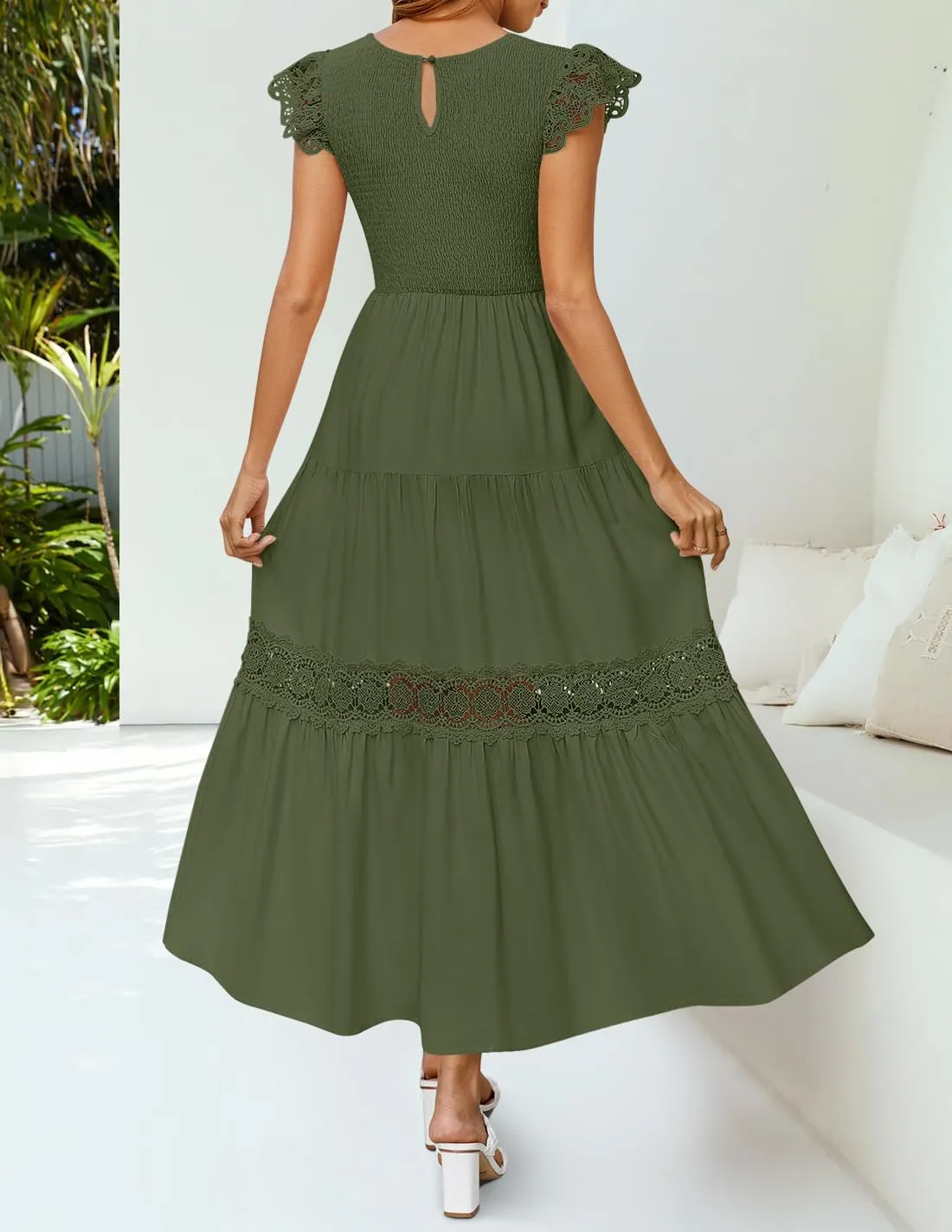 ZESICA Women's Casual Crew Neck Flutter Sleeve Smocked High Waist Hollow Out Lace Trim Tiered A Line Midi Dress
