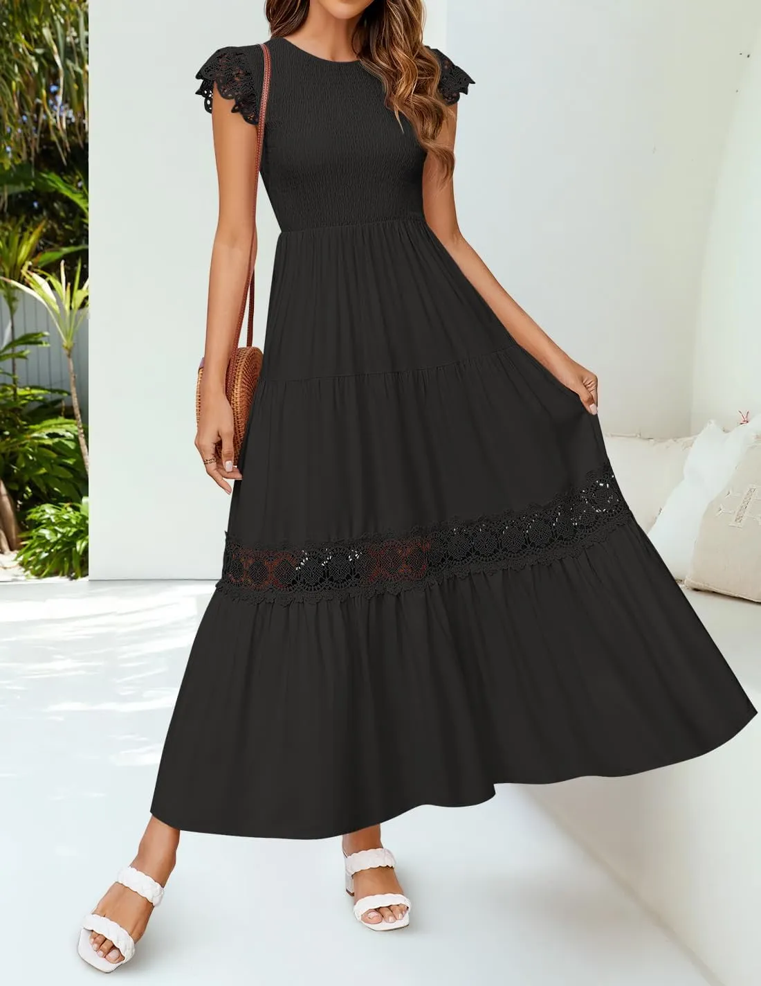 ZESICA Women's Casual Crew Neck Flutter Sleeve Smocked High Waist Hollow Out Lace Trim Tiered A Line Midi Dress