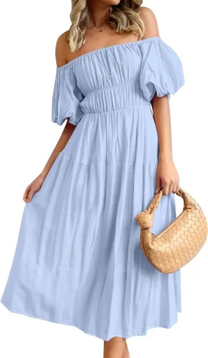 ZESICA Women's Sexy Boho Off Shoulder Puff Short Sleeve High Waist Ruffled Flowy A Line Beach Party Midi Dress