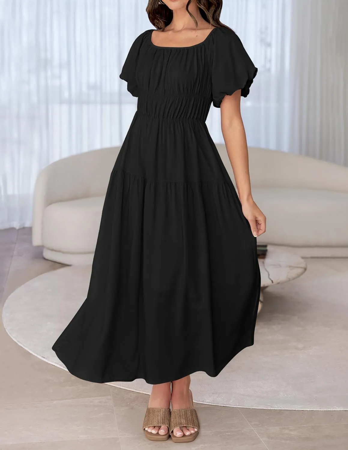 ZESICA Women's Sexy Boho Off Shoulder Puff Short Sleeve High Waist Ruffled Flowy A Line Beach Party Midi Dress