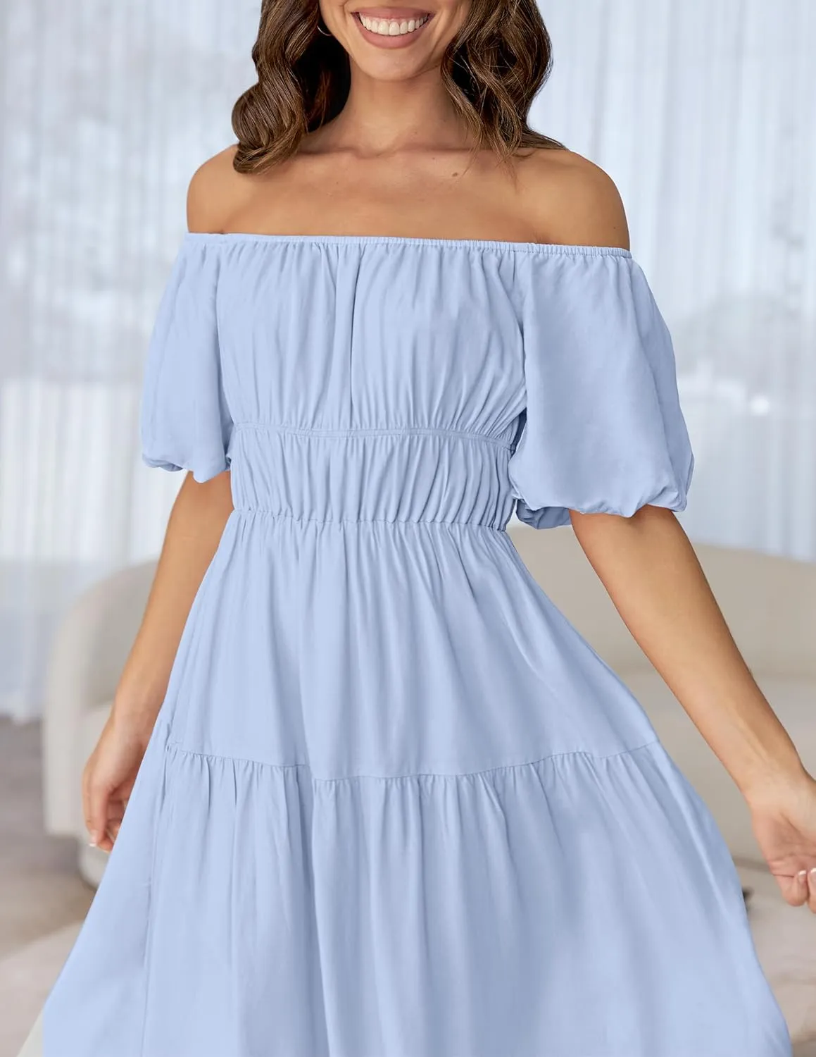 ZESICA Women's Sexy Boho Off Shoulder Puff Short Sleeve High Waist Ruffled Flowy A Line Beach Party Midi Dress