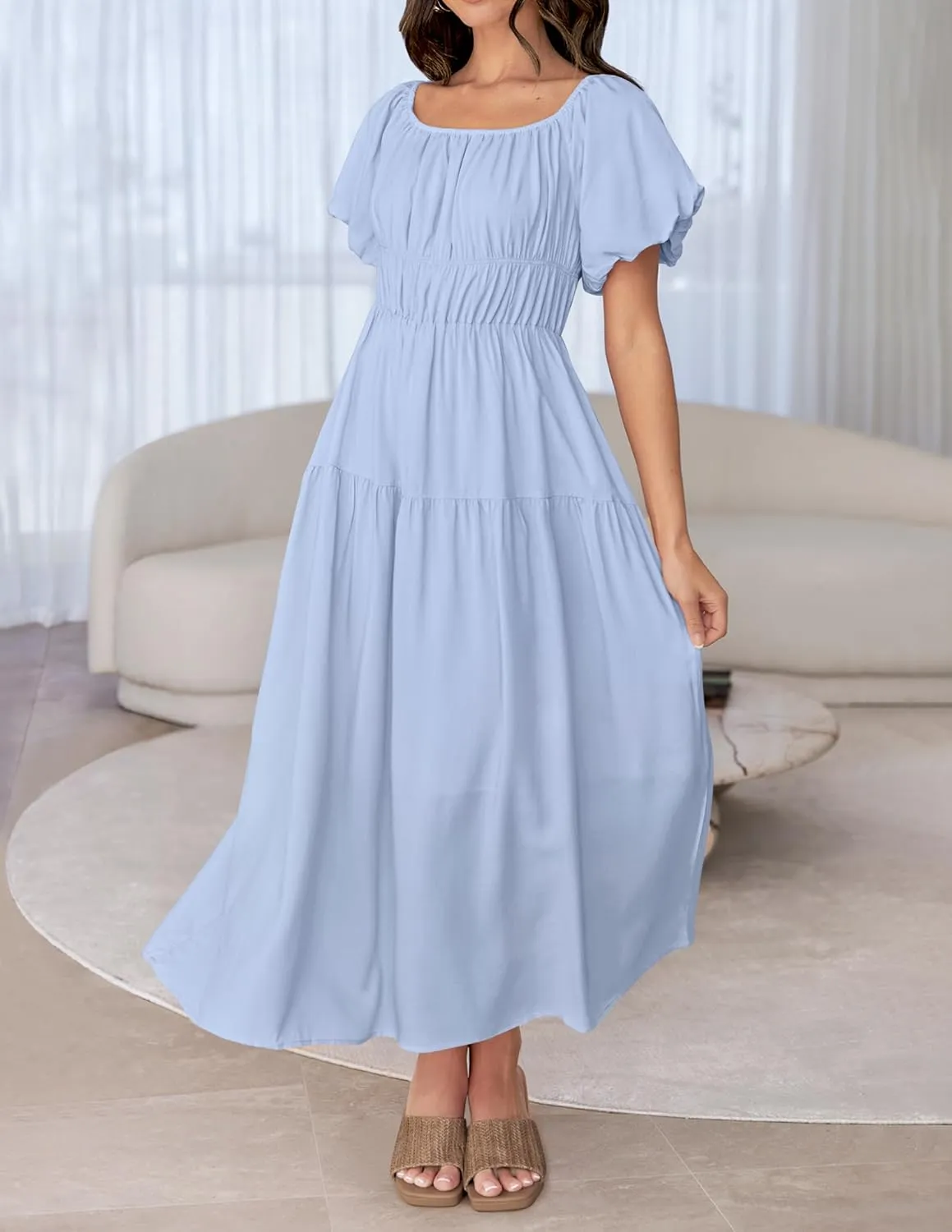 ZESICA Women's Sexy Boho Off Shoulder Puff Short Sleeve High Waist Ruffled Flowy A Line Beach Party Midi Dress