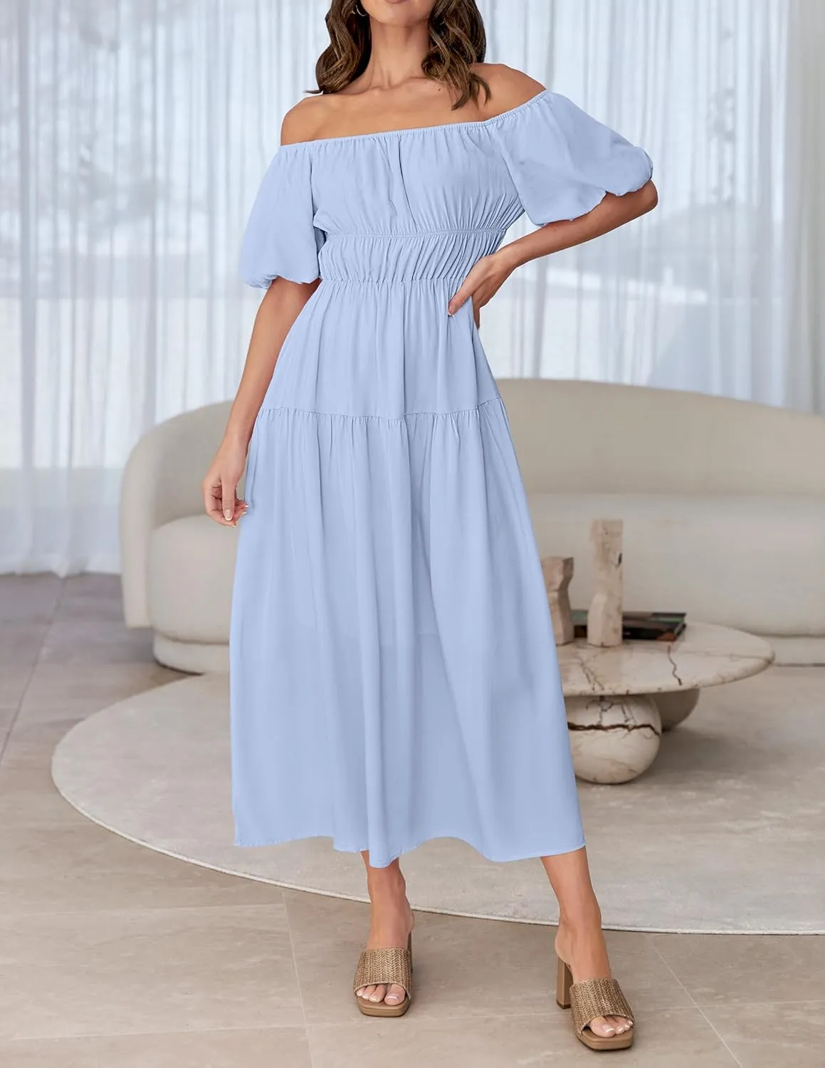 ZESICA Women's Sexy Boho Off Shoulder Puff Short Sleeve High Waist Ruffled Flowy A Line Beach Party Midi Dress