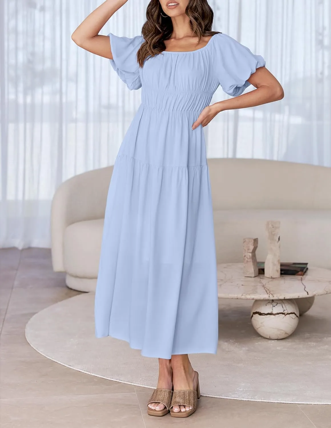 ZESICA Women's Sexy Boho Off Shoulder Puff Short Sleeve High Waist Ruffled Flowy A Line Beach Party Midi Dress