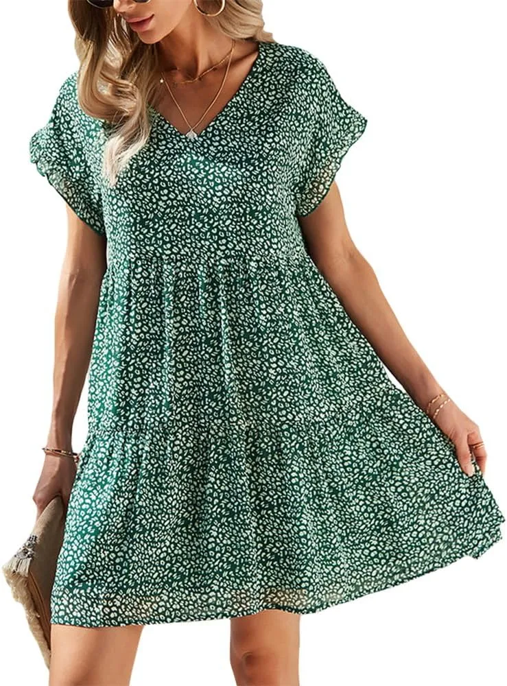 ZOCAVIA Women's Summer Boho Floral Mini Dress Wrap V Neck Ruffle Cap Sleeve A-Line Dresse Flowy Sun Dress Beach Dress