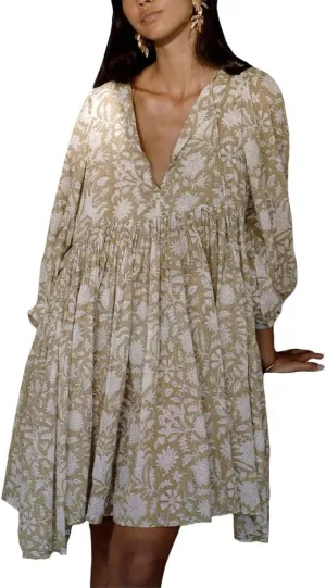 ZOCAVIA Women's Summer Flowy Beach Dresses Loose Floral Print V Neck Lantern Sleeve Boho Dress Ruffle Ruched Mini Dress
