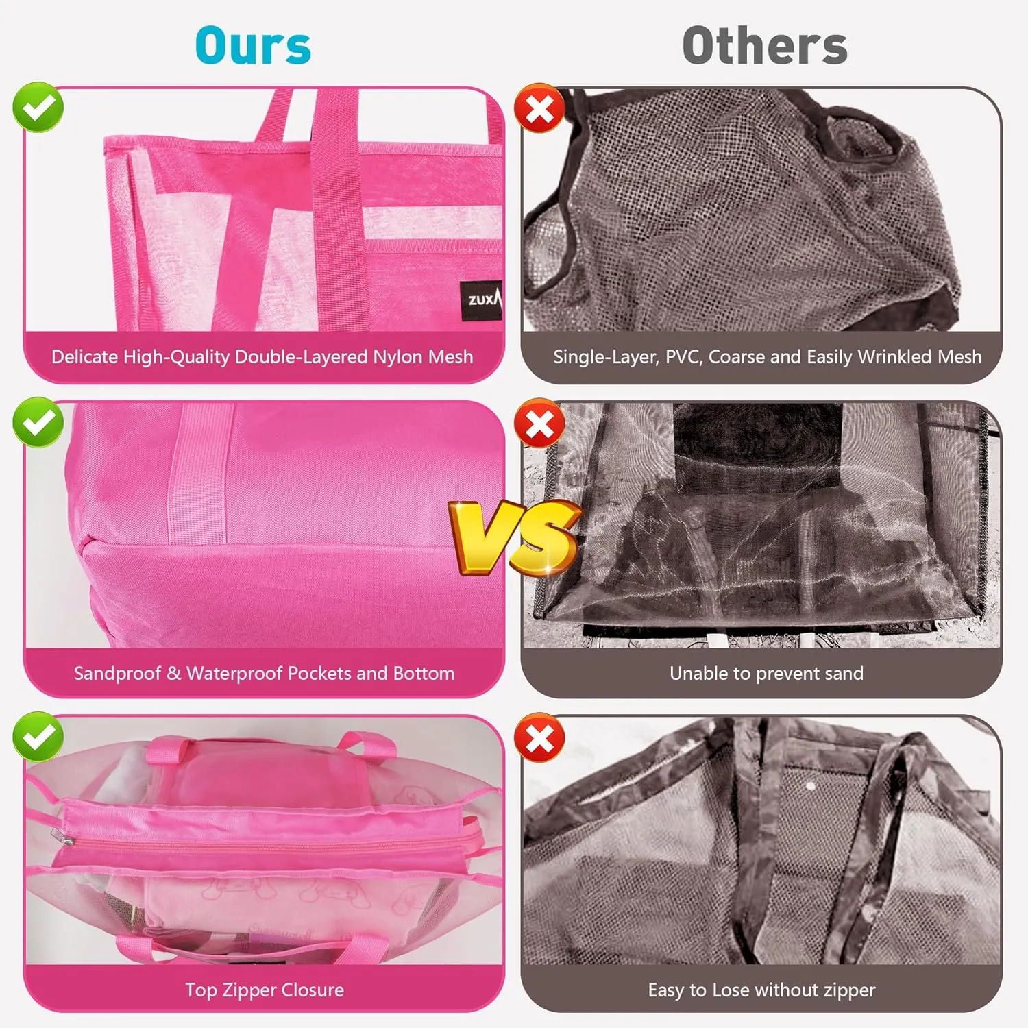 ZUXNZUX Mesh Beach Bag - Large Waterproof Beach Tote Bag with Zipper, Oversized Foldable Lightweight Family Swim Bag Vacation