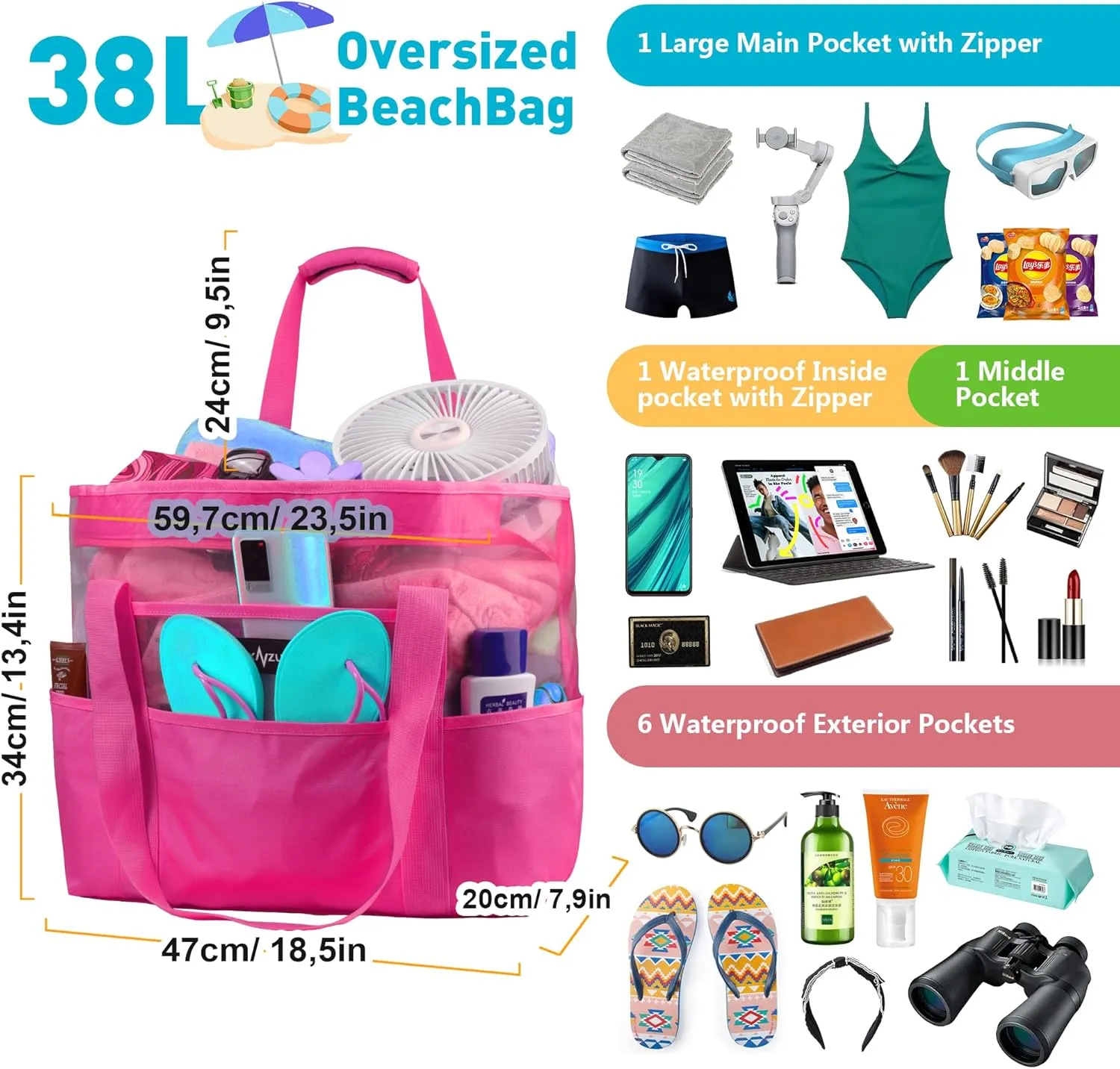 ZUXNZUX Mesh Beach Bag - Large Waterproof Beach Tote Bag with Zipper, Oversized Foldable Lightweight Family Swim Bag Vacation