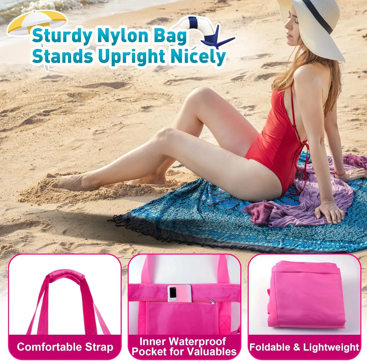 ZUXNZUX Mesh Beach Bag - Large Waterproof Beach Tote Bag with Zipper, Oversized Foldable Lightweight Family Swim Bag Vacation
